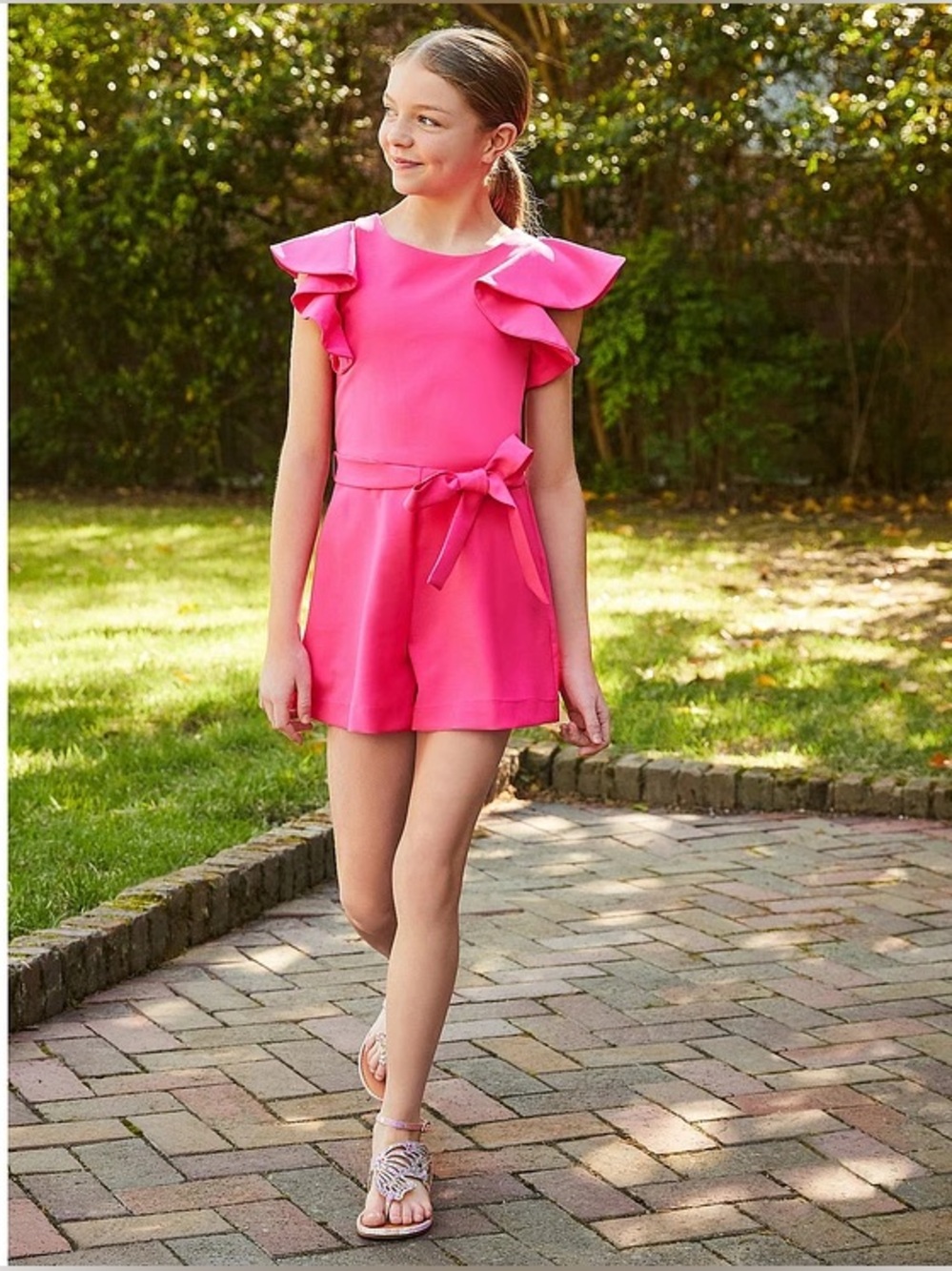 GB Girls Tiered Ruffle Sleeve Tie Front Romper | Hot Pink | Size 12